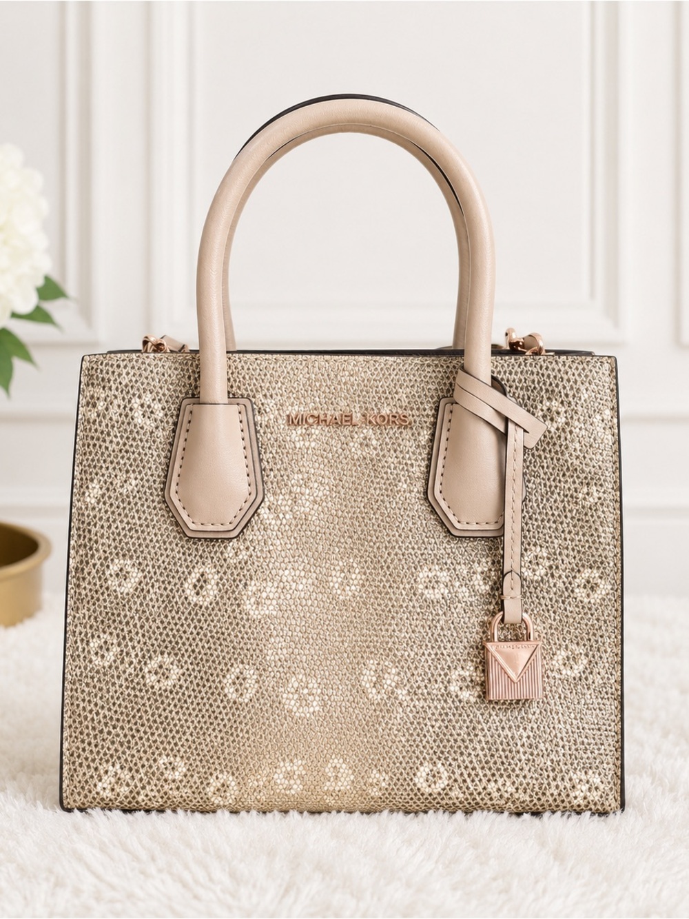 NWT Michael Kors Medium Mercer Python Embossed Leather Rose Gold Satchel